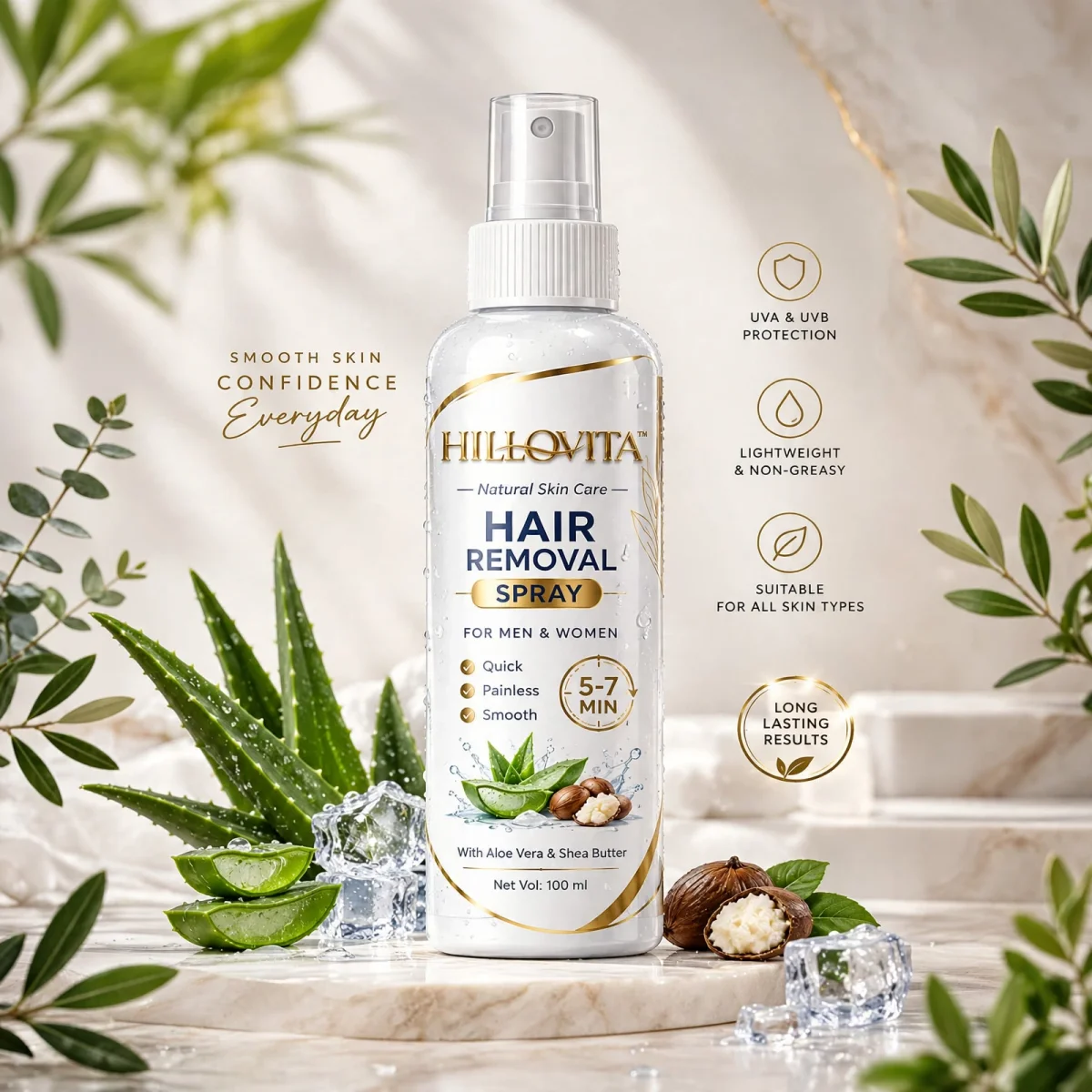 HILLOVITA Hair Removal Spray for Men & Women | Painless & Quick in 5-7 Min | With Aloe Vera & Shea Butter | Smooth Skin, Long Lasting Results | For All Skin Types | 100 ml