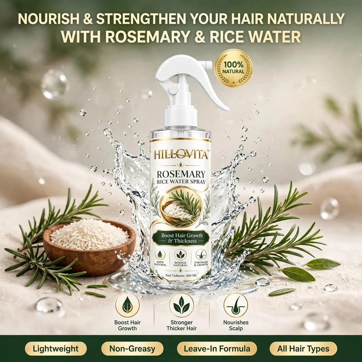 Hillovita Rosemary Rice Water - 100ML | For Hair Growth & Hair Fall Control | With Rosemary & Fermented Rice Water 3