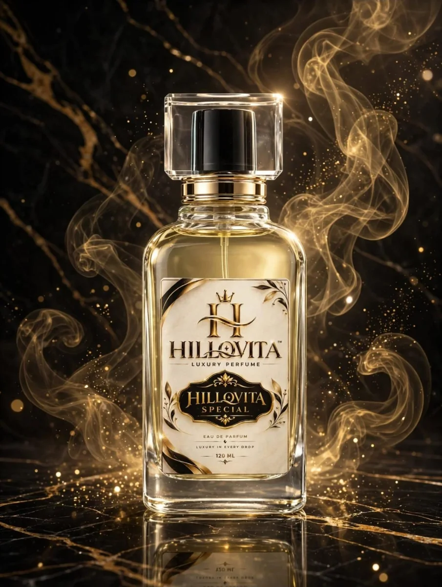 Hillovita Special Luxury Perfume 120ML Eau De Parfum with Premium Crystal Cap on Black Gold Background