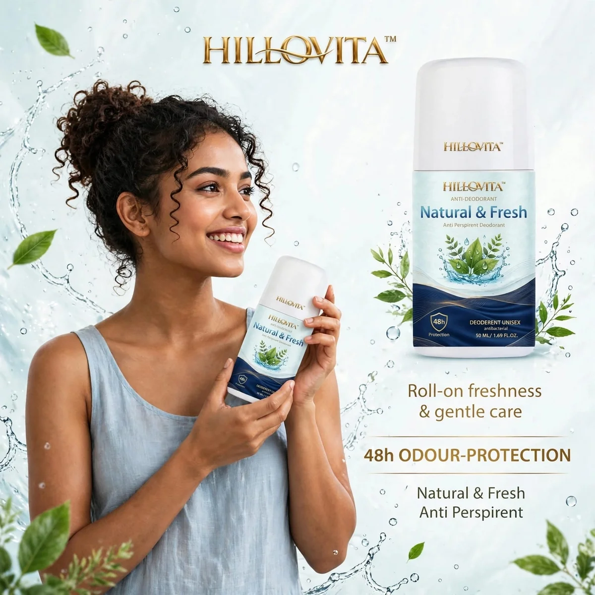 HILLOVITA Natural & Fresh Anti Perspirant Deodorant Roll On - 48h Protection | DEODERENT UNISEX Antibacterial | 0% Alcohol | 50 ML 3
