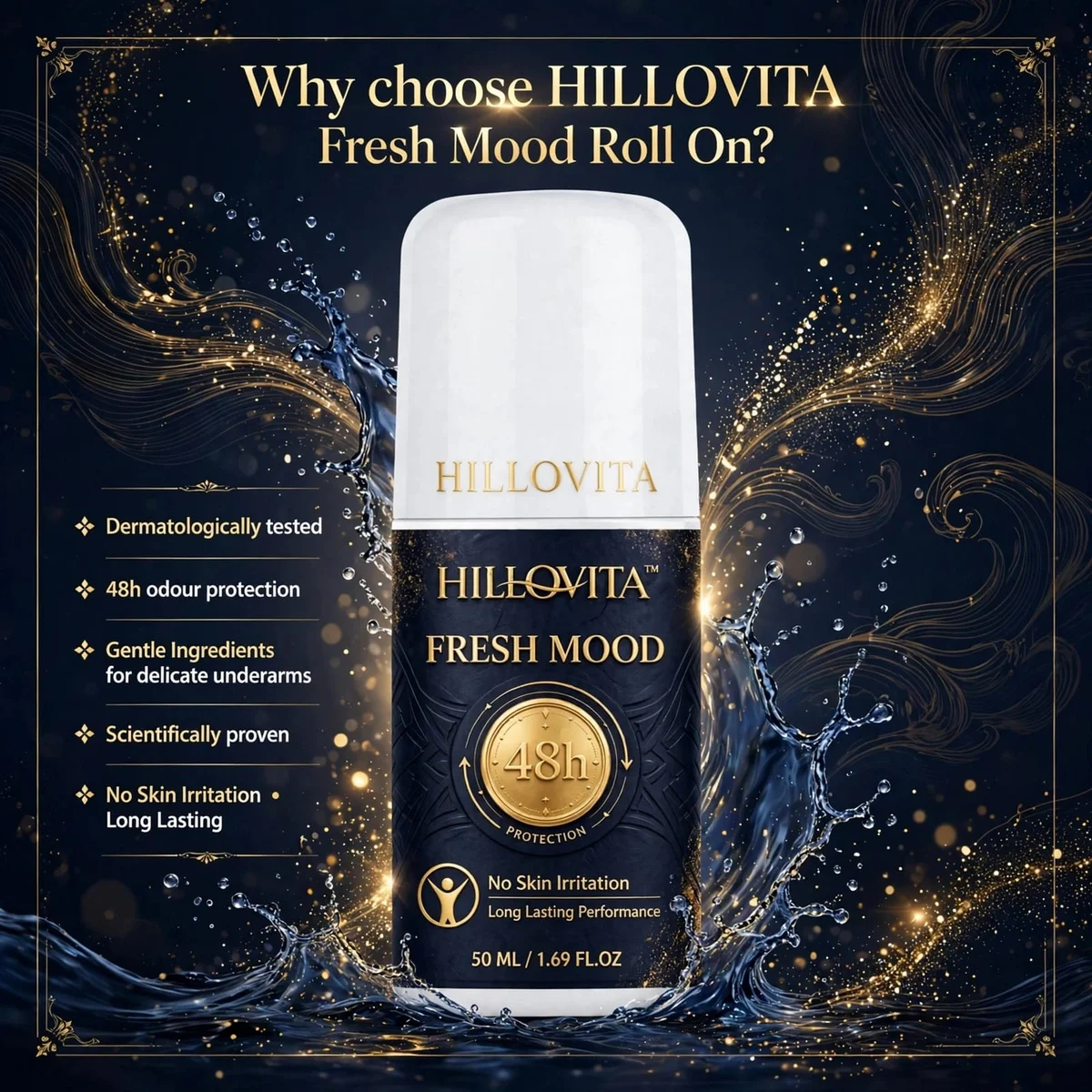 Hillovita Fresh Mood Underarm Roll-On - 50ML | Aqua Fresh Scent | No White Marks | For Men & Women 3