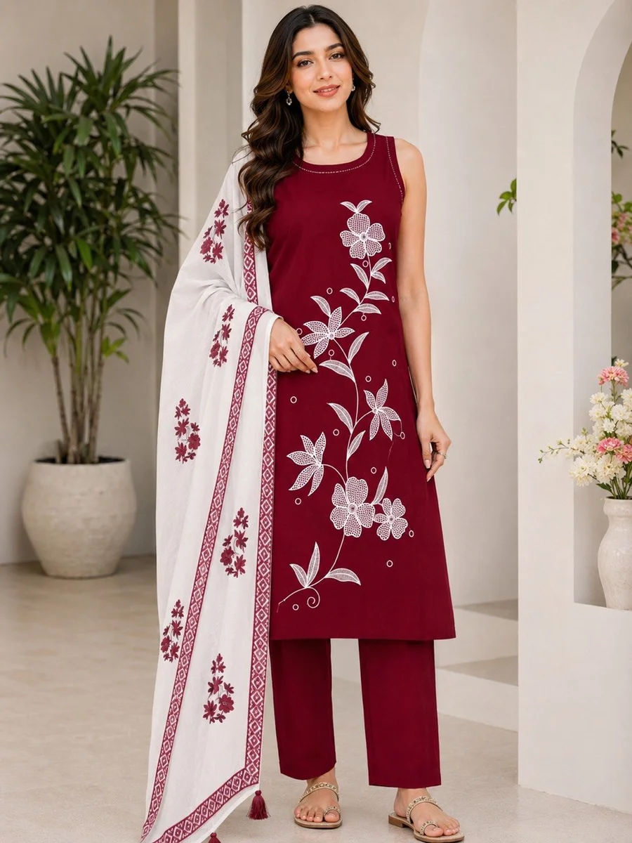 Women’s Maroon Embroidered Straight Kurta Pant & Dupatta Set-MC-1144