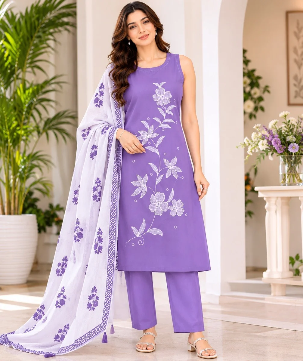 Women’s Purple Embroidered Straight Kurta Pant & Dupatta Set-MC-1144