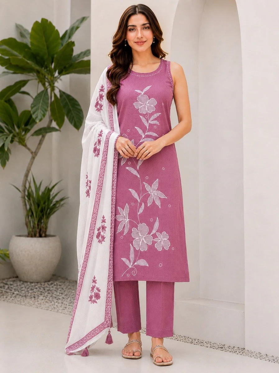Women’s Pink Embroidered Straight Kurta Pant & Dupatta Set-MC-1144