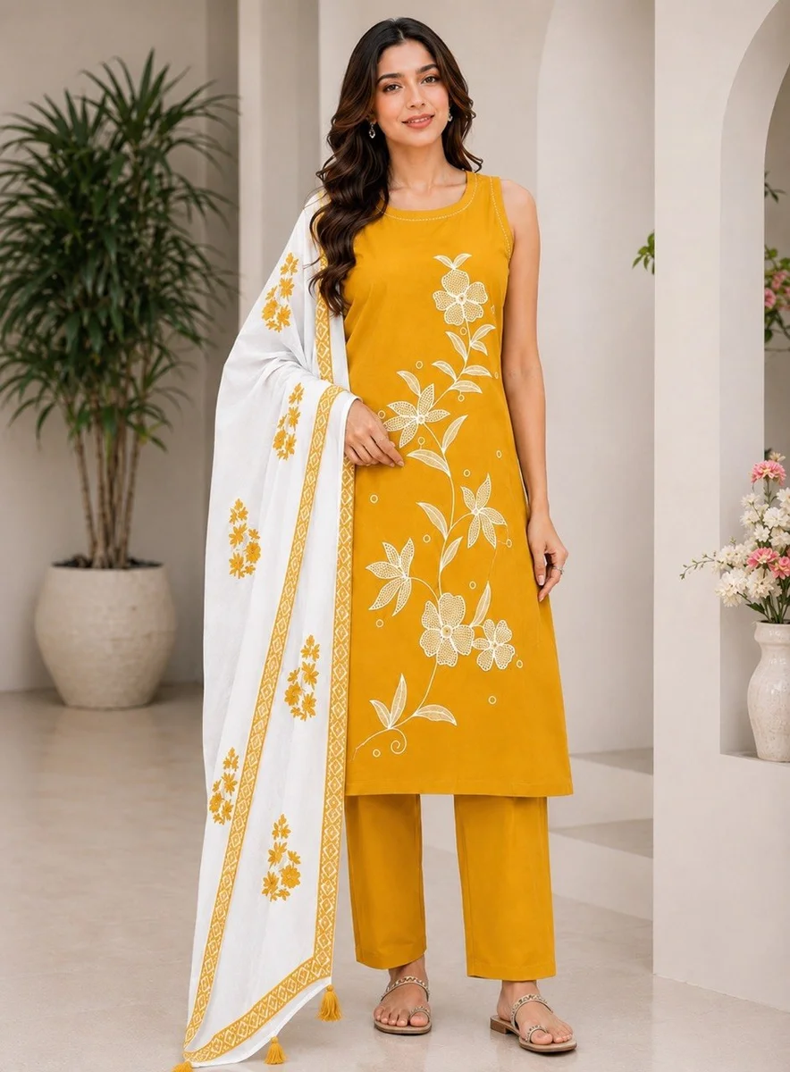 Women’s Yallow Embroidered Straight Kurta Pant & Dupatta Set-MC-1144