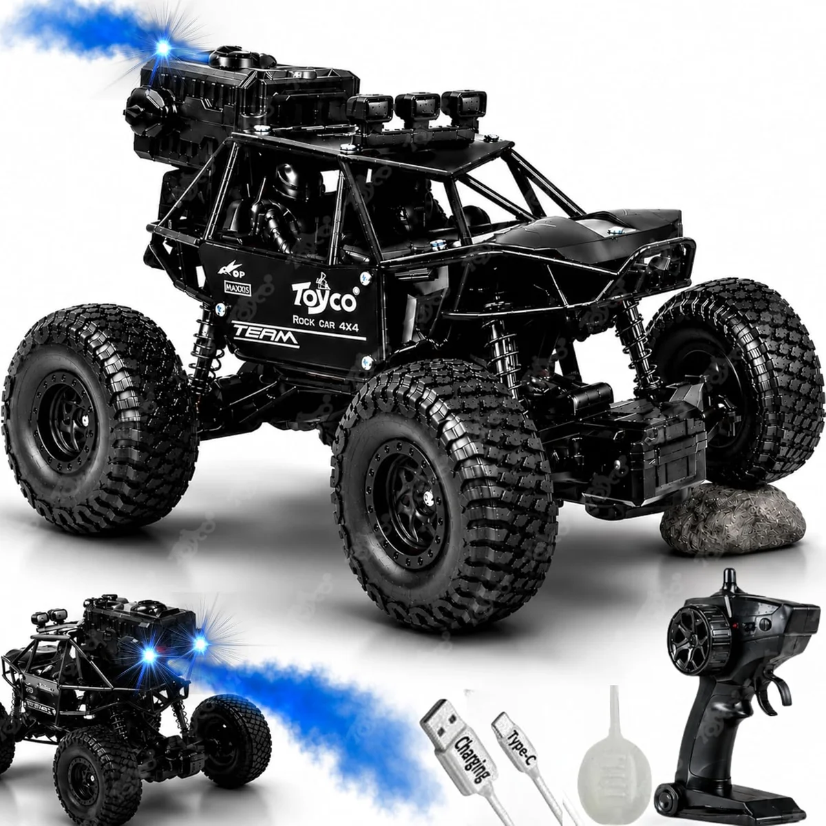 toyco® Rechargeable Remote Control Car Toy - Alloy Rock Crawler with LED Smoke Effect and Anti-Slip Tyres| 1:18 Scale |