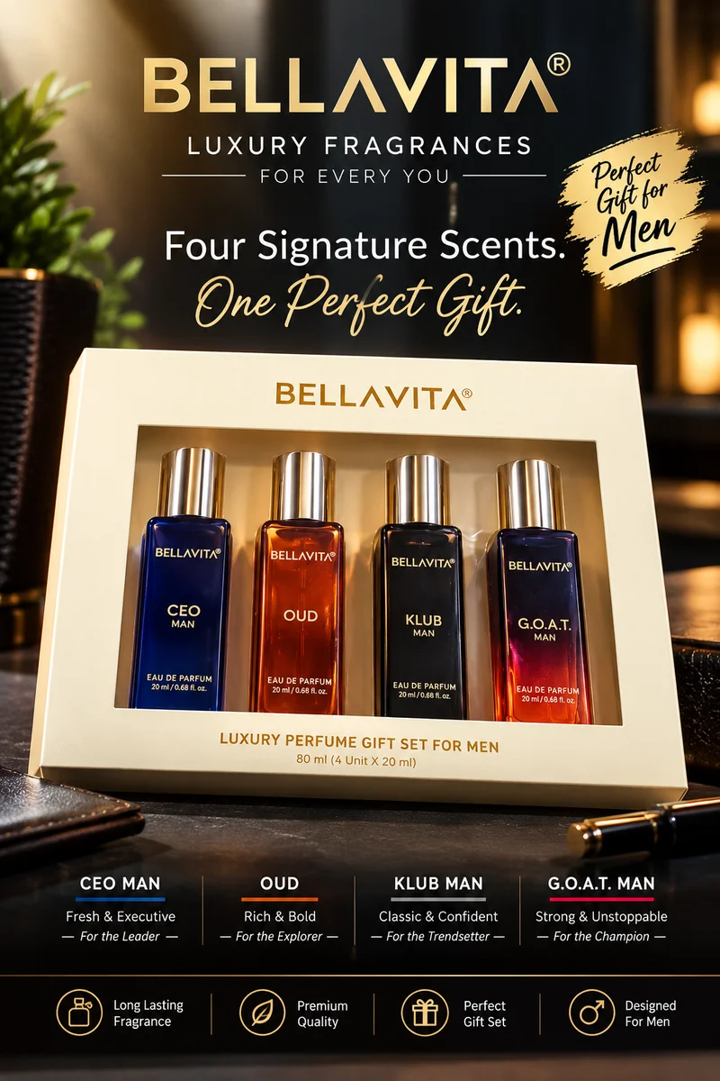 Bella Vita Luxury Man | Long Lasting Liquid Eau De Parfum Gift Set 4 X 20 Ml Perfume For Men | With Klub, Oud, CEO, G.O.A.T | Woody, Citrusy Premium Fragrance Scent