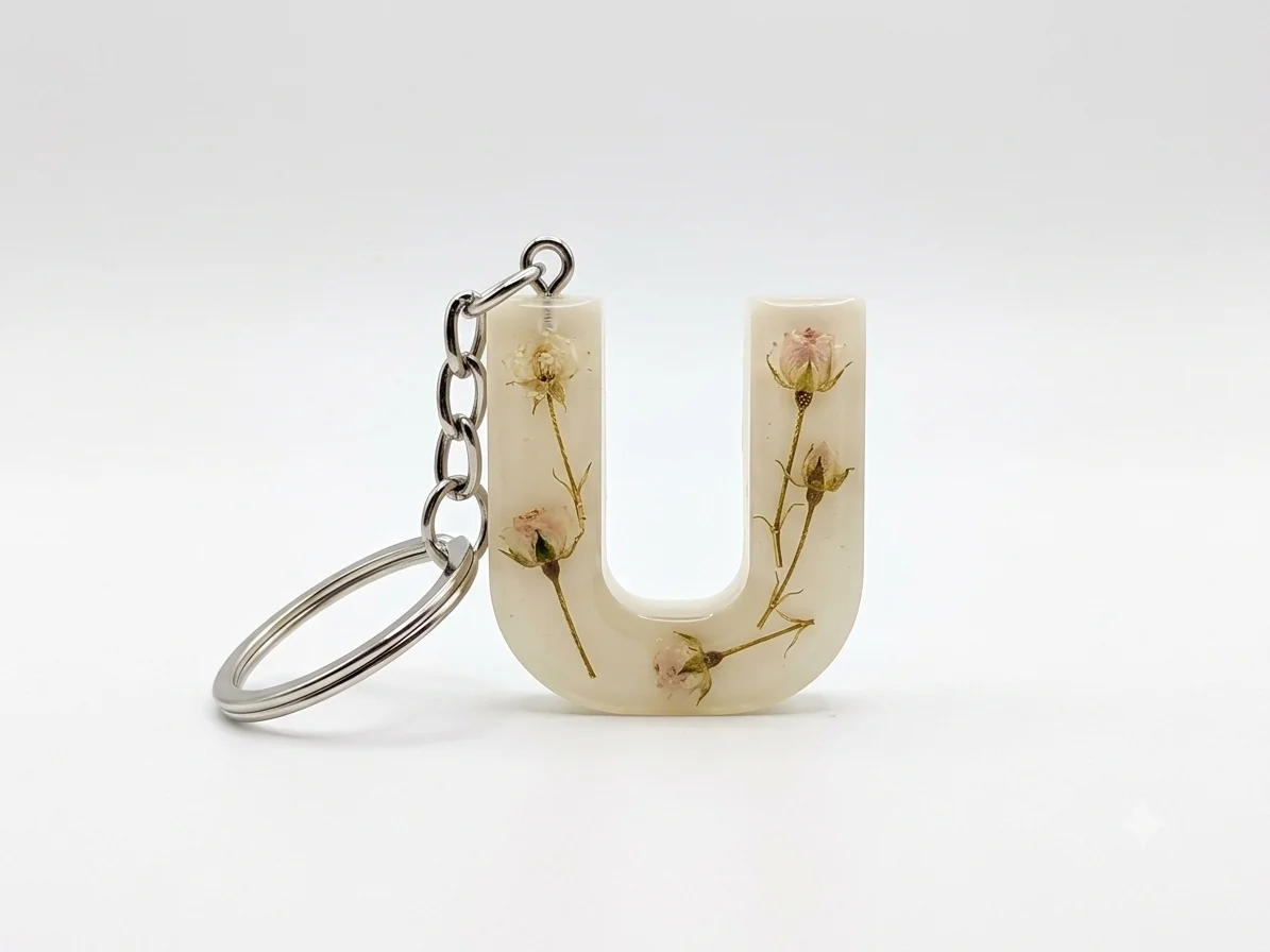 Handmade Floral Resin Initial "U" Keychain | Real Pressed Flowers Keyring