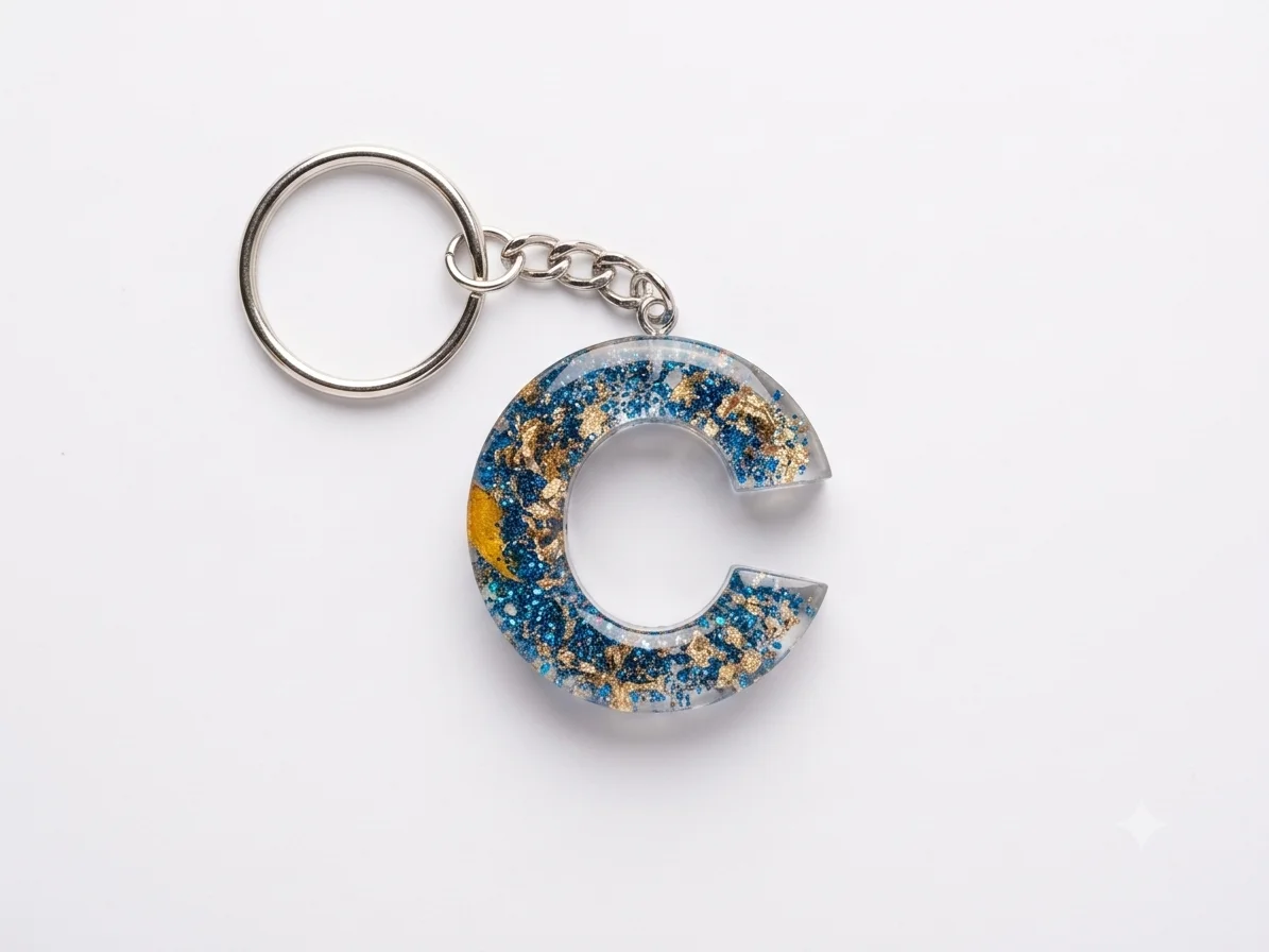 Personalized Resin Initial "C" Keyring with Blue Glitter & Gold Leaf