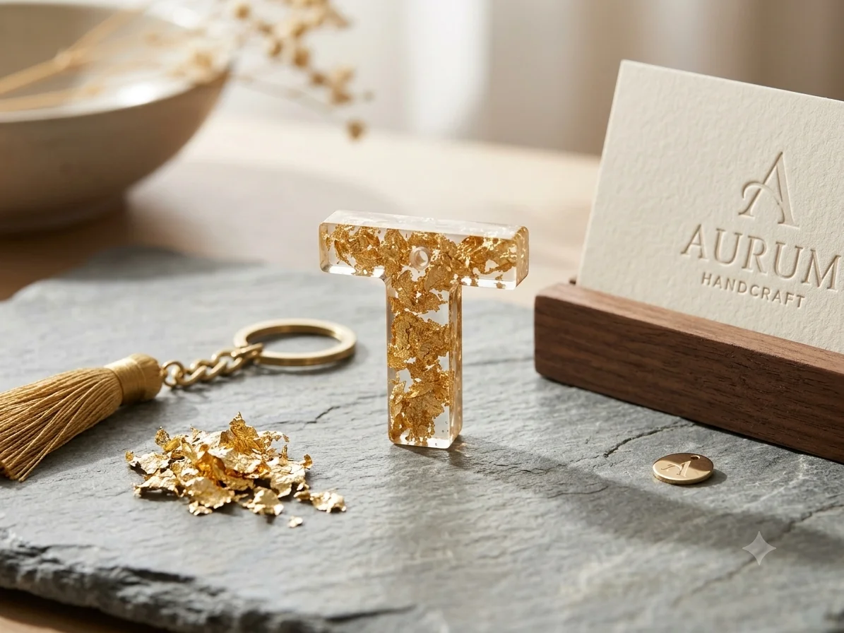 Handmade Resin Initial "T" Keychain | Gold Foil Flake Monogram Keyring
