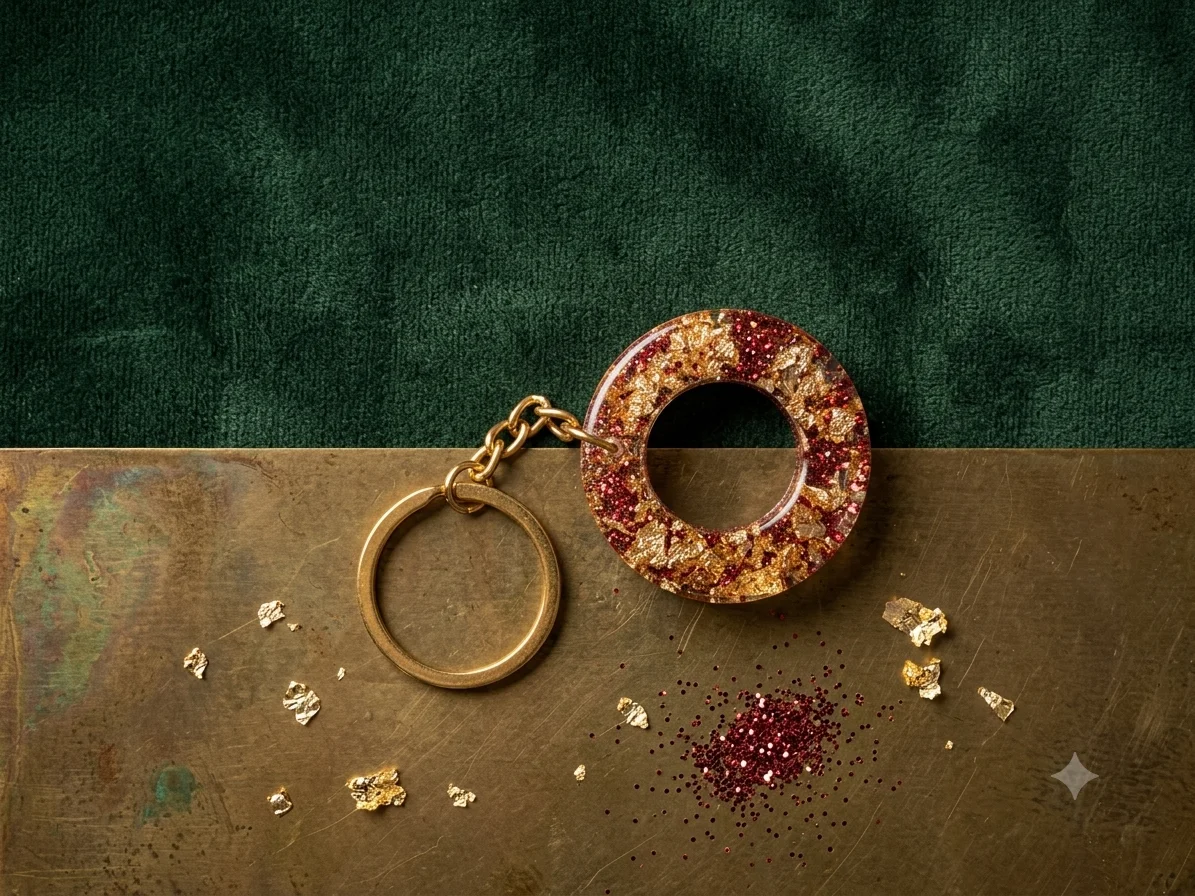 Handmade Circular Resin Keyring | Red Glitter & Gold Leaf Flake Charm