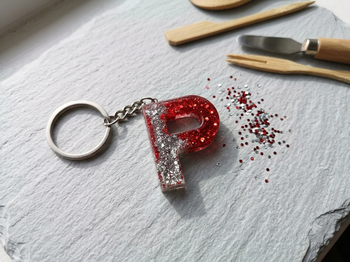 Handmade Resin Initial "P" Keychain | Red & Silver Glitter Ombré Keyring