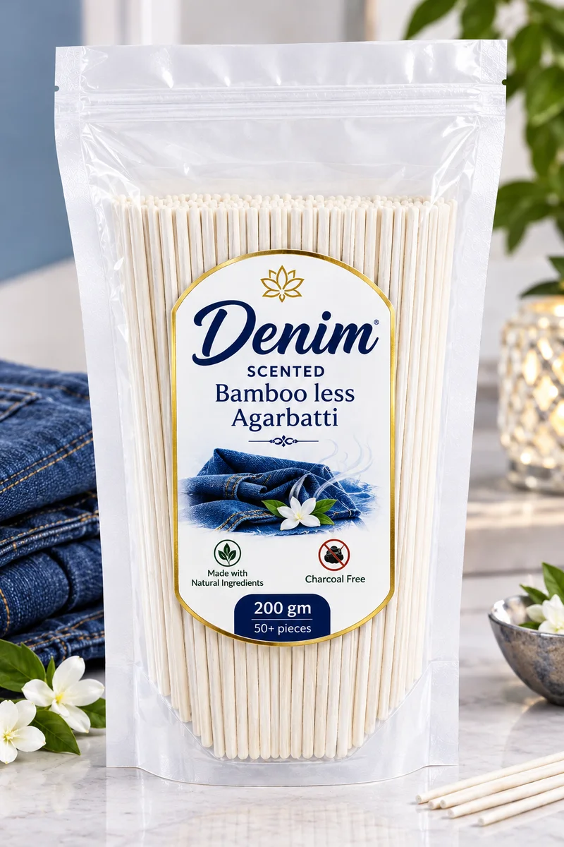 Premium Bamboo less agarbattis DENIM flavour 200gm , 50+ pieces , luxury scented , 45min+ burning time ,  made with natural ingrediants  , low smoke , charcoal free , best fragrance