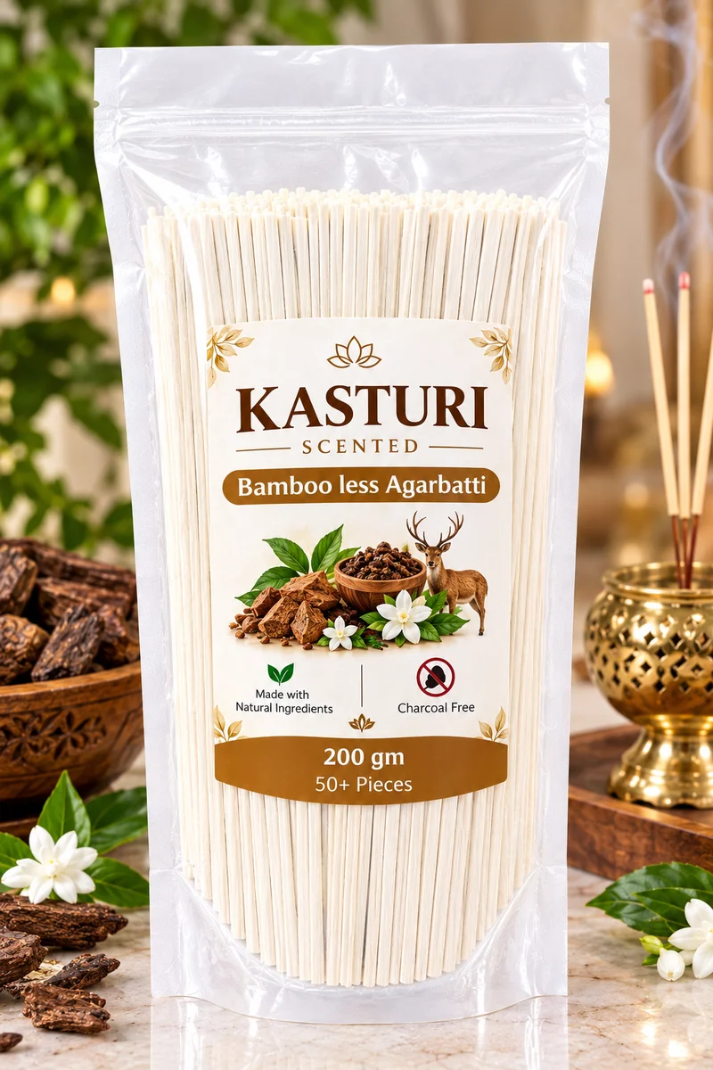 Premium Bamboo less agarbattis KASTURI flavour 200gm , 50+ pieces , luxury scented , 45min+ burning time ,  made with natural ingrediants  , low smoke , charcoal free , best fragrance