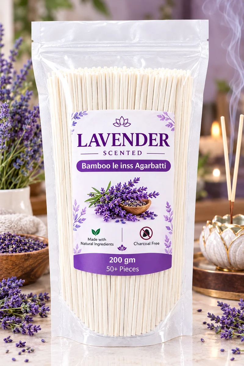Premium Bamboo less agarbattis Lavender flavour 200gm , 50+ pieces , luxury scented , 45min+ burning time ,  made with natural ingrediants  , low smoke , charcoal free , best fragrance