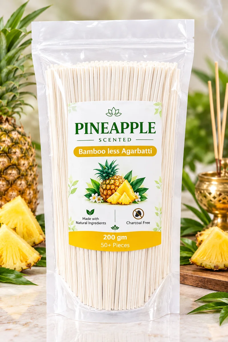 Premium Bamboo less agarbattis PINEAPPLE flavour 200gm , 50+ pieces , luxury scented , 45min+ burning time ,  made with natural ingrediants  , low smoke , charcoal free , best fragrance