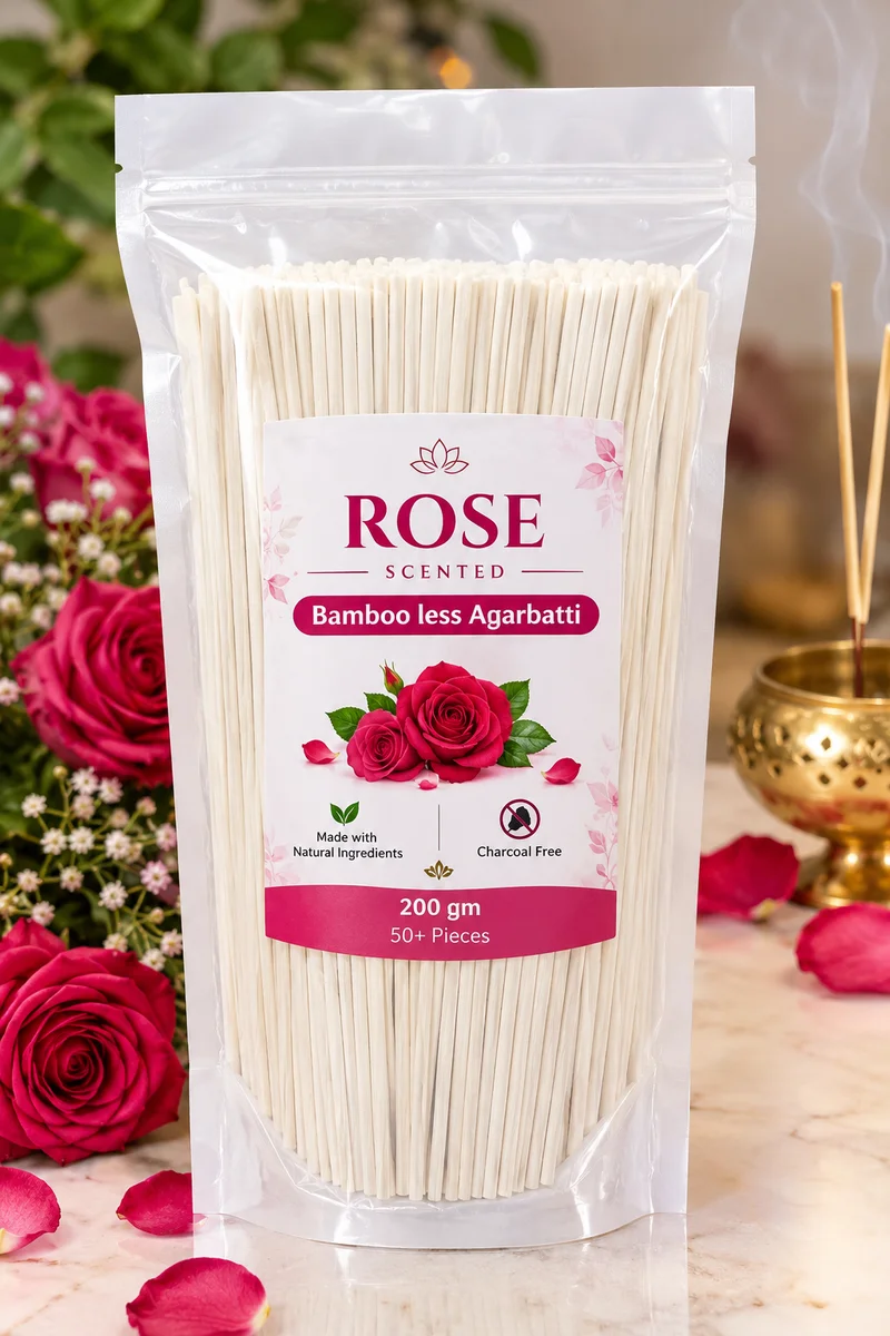 Premium Bamboo less agarbattis ROSE flavour 200gm , 50+ pieces , luxury scented , 45min+ burning time ,  made with natural ingrediants  , low smoke , charcoal free , best fragrance