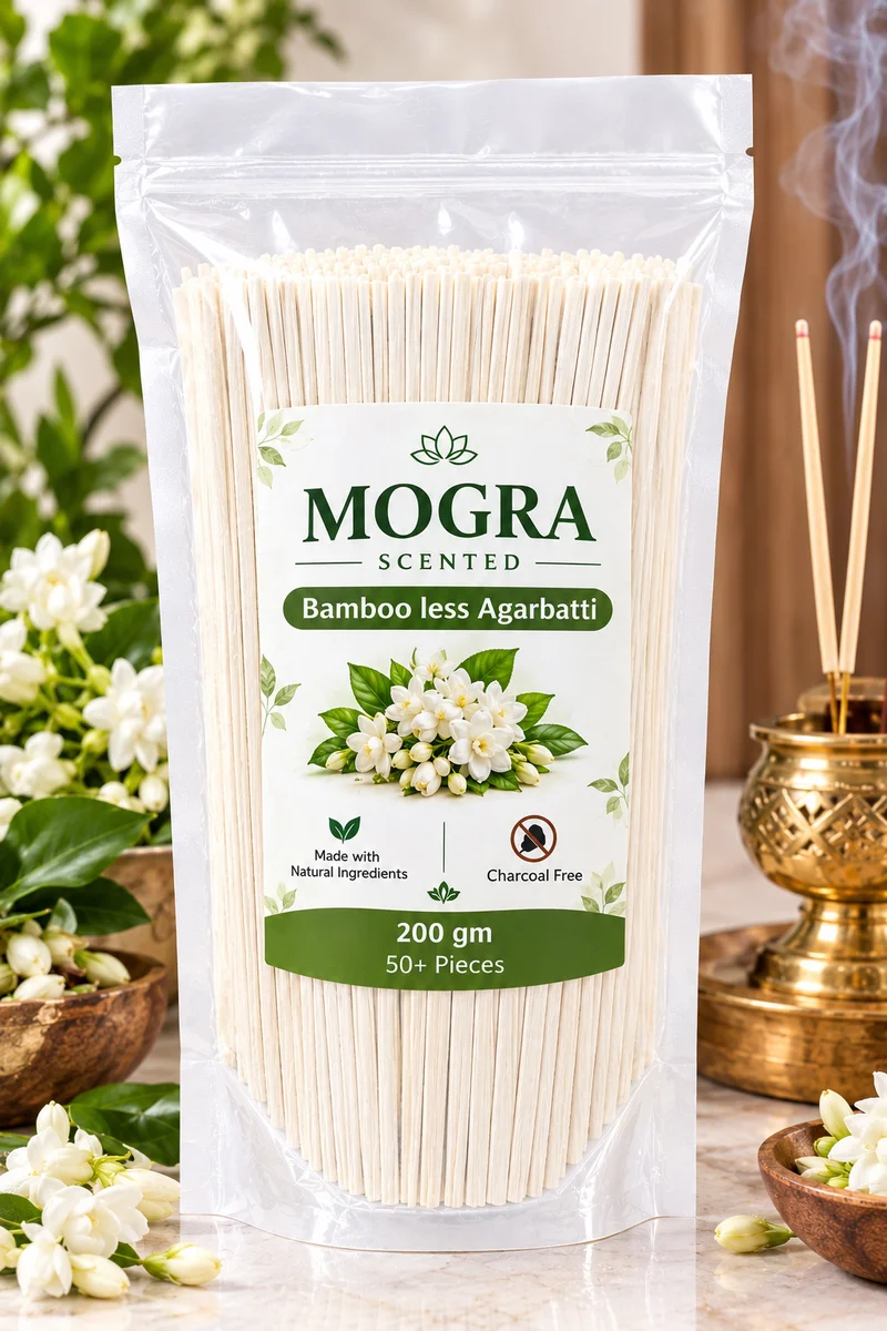 Premium Bamboo less agarbattis MOGRA flavour 200gm , 50+ pieces , luxury scented , 45min+ burning time ,  made with natural ingrediants  , low smoke , charcoal free , best fragrance