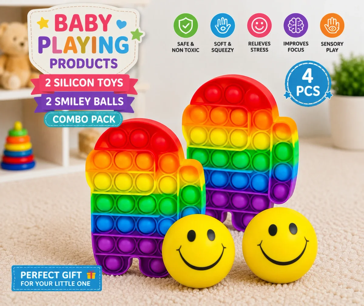 Soft Foam Smiley Stress Ball & Rainbow Silicone Pop It Fidget Toy, 4 Pcs Set