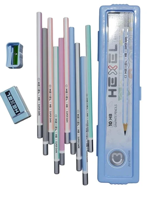 HEXEL Super Dark HB Graphite Pencils, Pack of 10, Pastel Colours with Sharpener, Eraser and Case