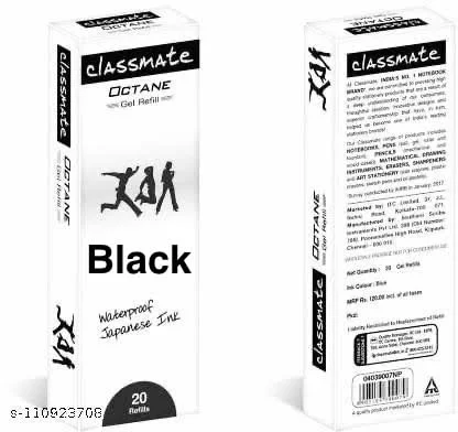 Classmate Octane Gel Pen Black Refills, Waterproof Japanese Ink, Pack of 20