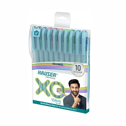 Hauser XO Multicolor Ball Pen Wallet Pack | Multi-Use Pen for Coloring, Doodling, Mandala, Writing | Minimalistic Aesthetic Looks with Pastel Body | Multicolor Ink, Set Of 10