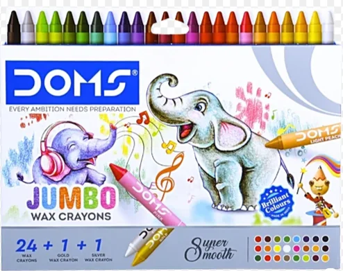 Doms 24+1+1 Shades Jumbo Wax Crayons | Smooth & Even Shading | Bright & Playful Colors | Free One Sharpner, Gold & Silver Crayon Inside | Non-Toxic & Safe for Childrens | Pack of 1