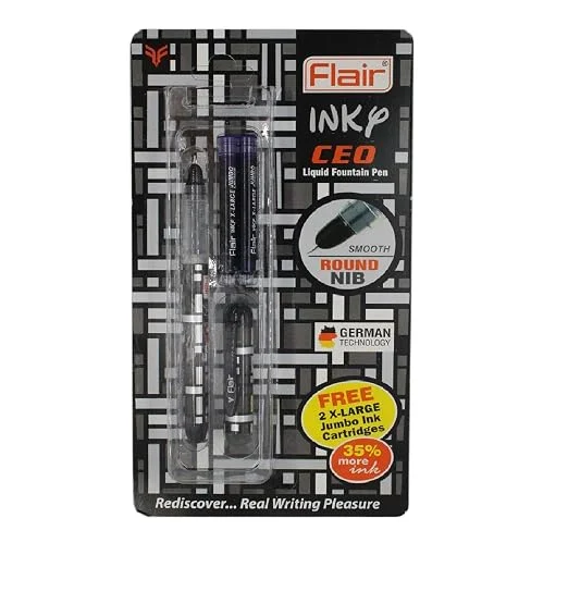 FLAIR Inky Series CEO Liquid Ink Fountain Pen Blister Pack | Ergonomic Grip, Light Weight & Attractive Design | Free 2 Pieces X-Large Jumbo Cartridges With Each Pack | Blue Ink, Pack Of 1