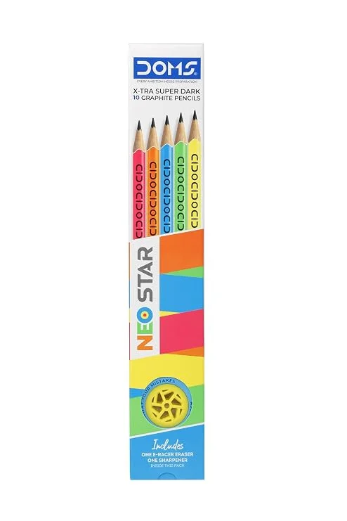 Doms NEO STAR X-TRA Dark Pencil Pack of 10 with Sharpner And E-racer Eraser