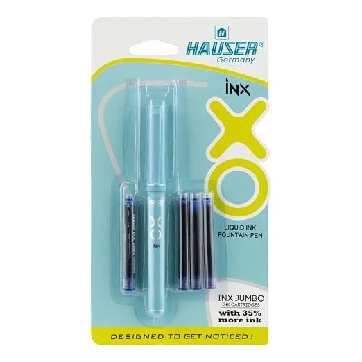 Hauser Germany Inx Xo Liquid Ink Fountain Pen | Smooth Round Nib With Iridium Tip | With 4 Pieces X-Large Jumbo Cartridges | Unique Liquid Ink System | Blue Ink, Pack Of 1