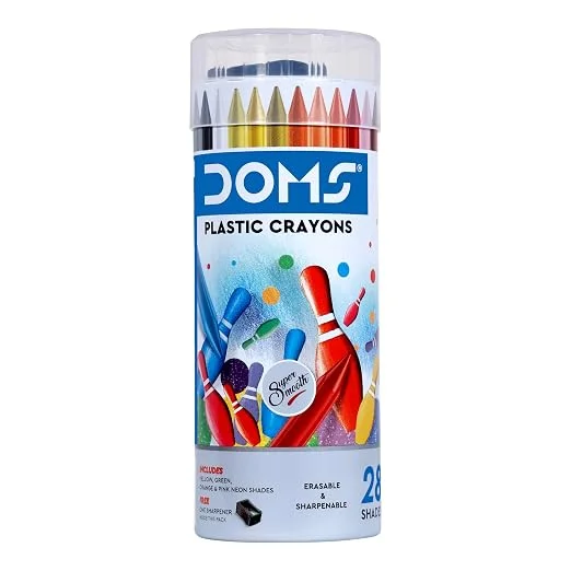 Doms 28 Shades Erasable Plastic Crayons Round Tin Box
