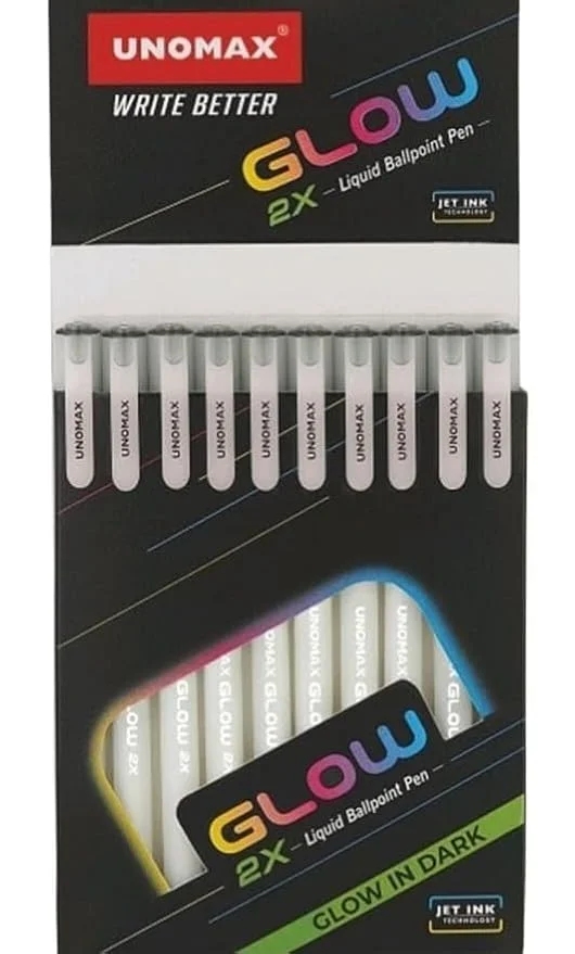 Unomax Glow 2X Liquid Ball Point Pen | Matt Finish Glow in Dark Body | Double Writing Length | Jet Ink Technology (Black)