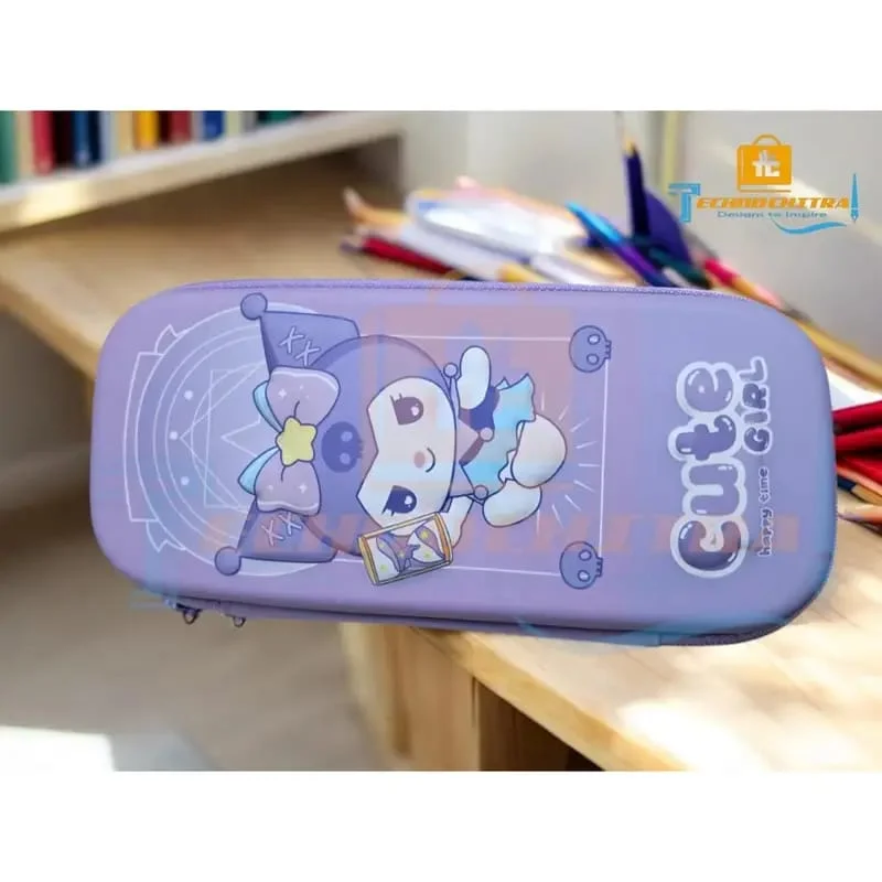3D Cute Happy Time Girl Zipper  Pencil Pouch for girl (Purple Color)