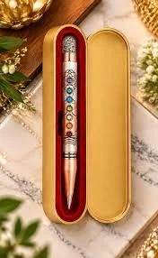 7 Chakra Metal Ballpoint Pen with Natural Pyrite Dome & Velvet Gift Box – Spiritual Manifestation Writing Pen with Engraved Chakra Symbols for Journaling, Office Desk & Vastu Gifting