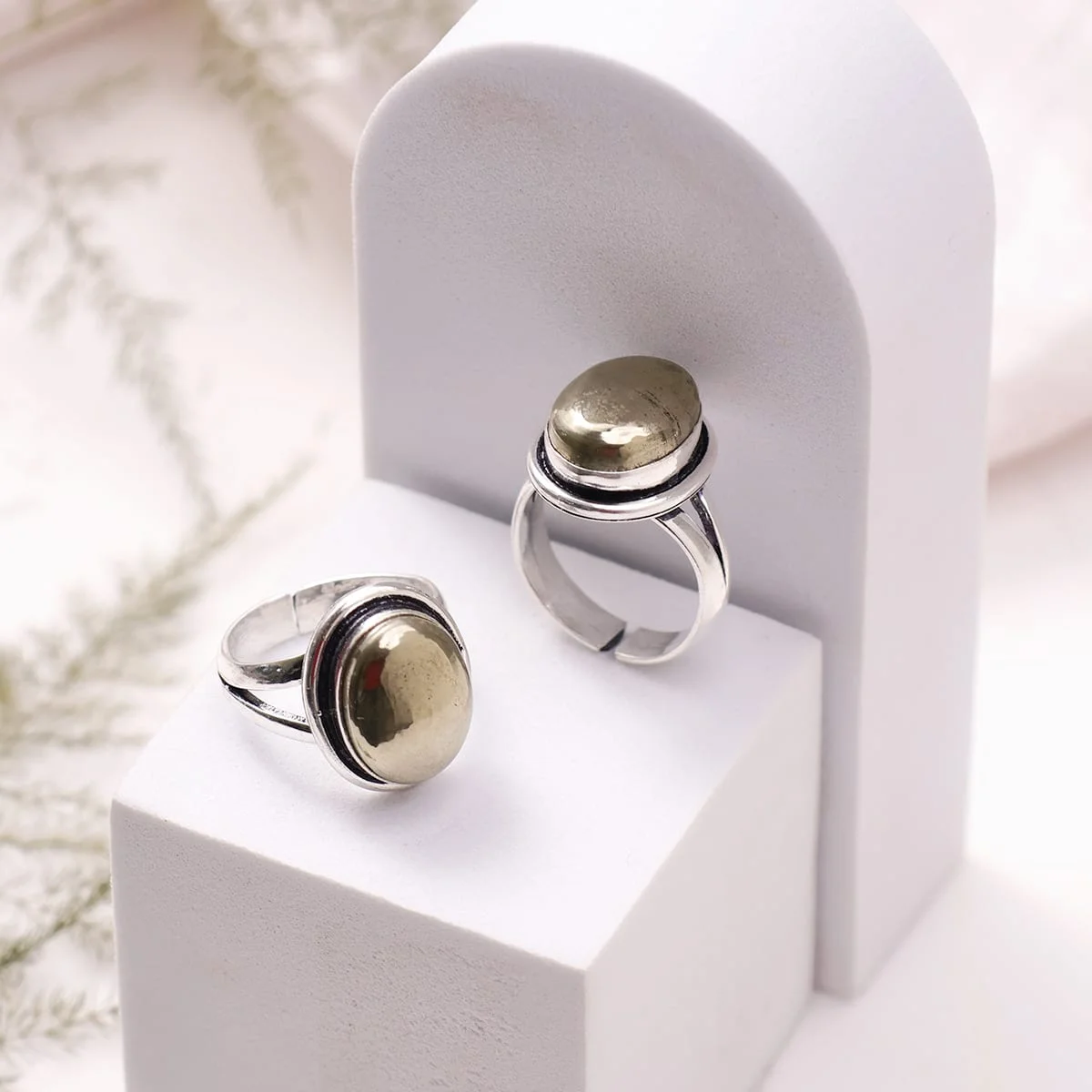 Pyrite Oval Shape Stone Alloy Metal Adjustable Ring