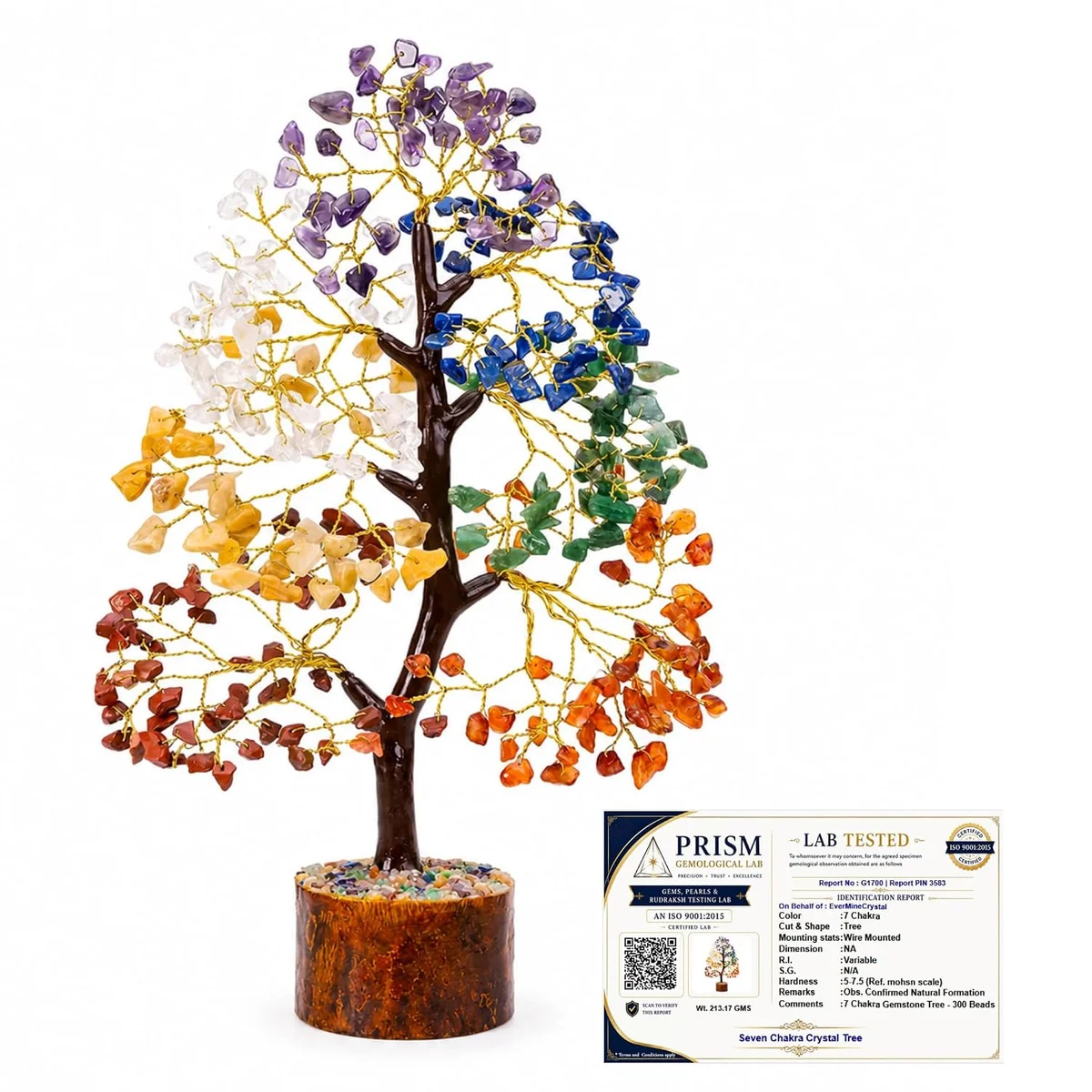 Handcrafted 7 Chakra Gemstone Tree with 300 Natural Crystal Beads & Wooden Base – Healing Chakra Tree of Life for Energy Balancing, Vastu & Office Decor