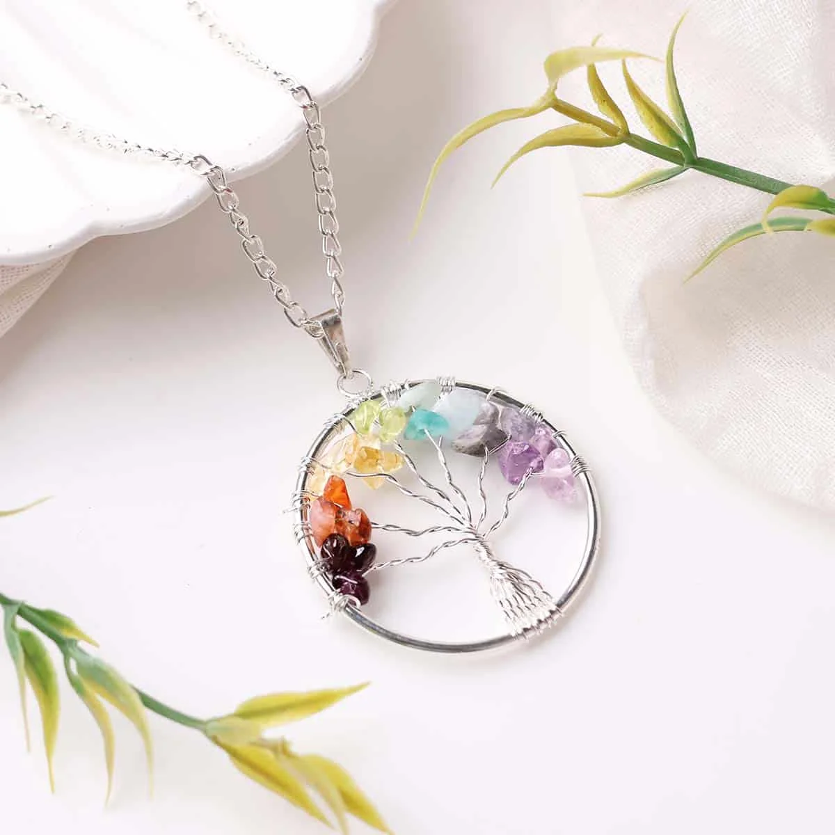 Natural 7 Chakra Tree of Life Crystal Pendant – Handcrafted Wire-Wrapped Multi-Gemstone Medallion Pendant for Energy Alignment, Harmony & Spiritual Gifts