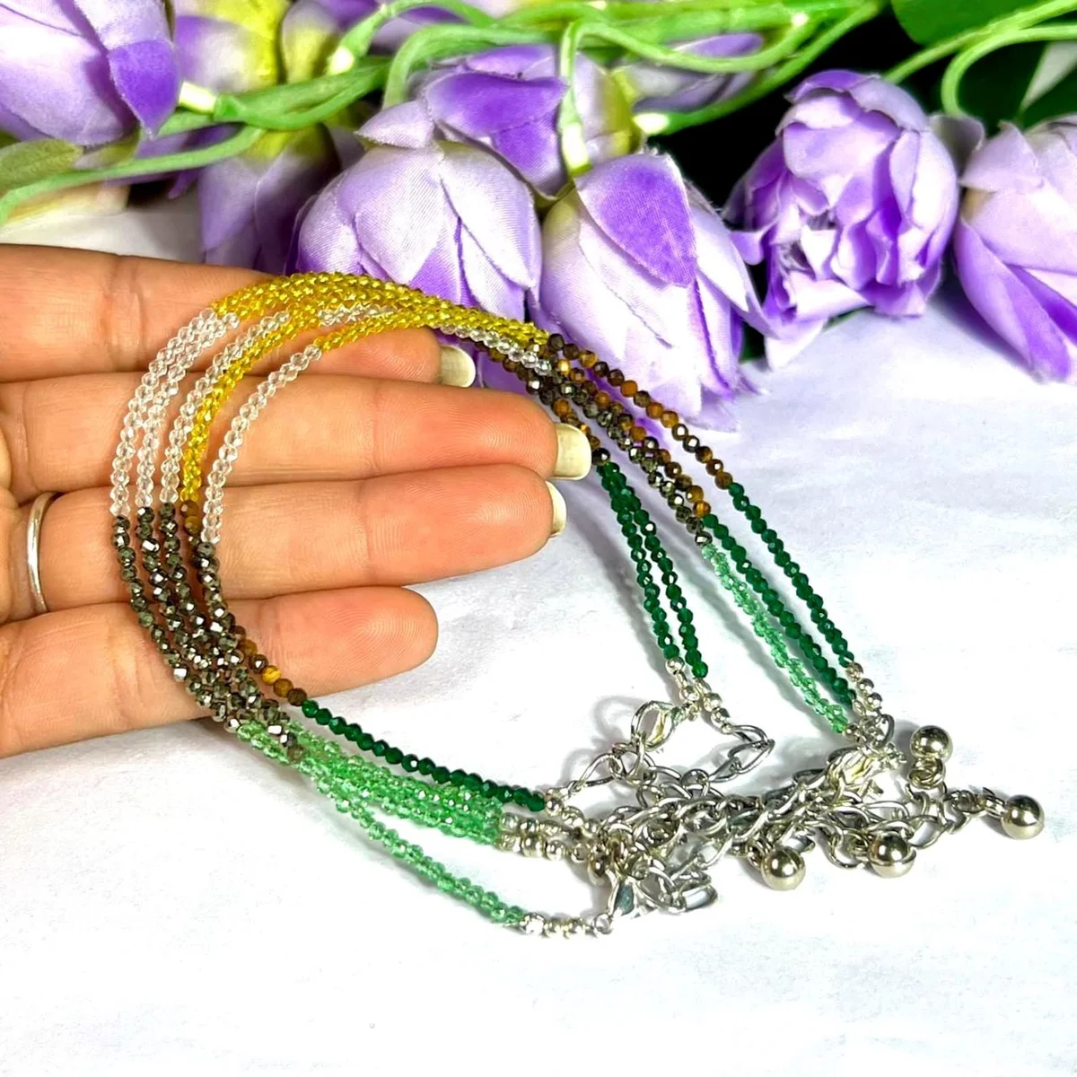 Lumina Dhanyog Wealth Anklet in German Silver (2mm Micro-Beads) | Multi-Stone Prosperity & Good Luck Payal for Women