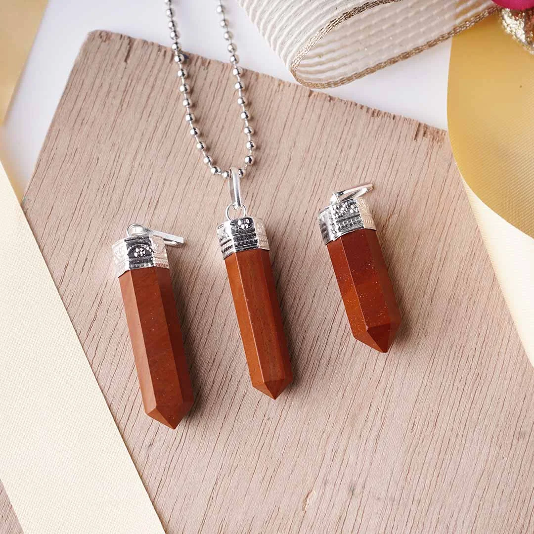 Natural Red Jasper Pencil Point Crystal Pendant – Handcrafted Hexagonal Wand Pendant for Root Chakra Grounding, Courage & Vitality