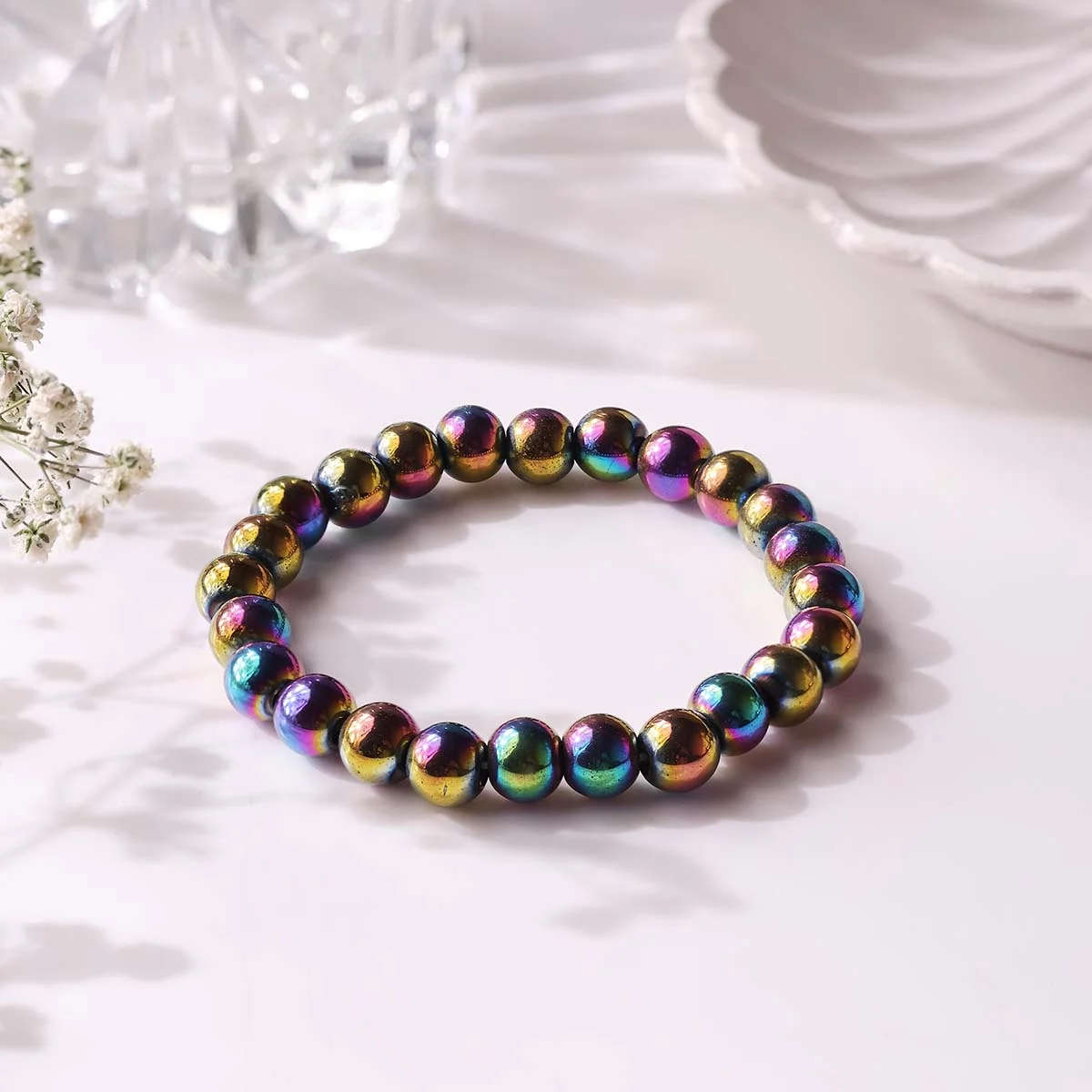 Lumina Rainbow Hematite Energy Bracelet (8mm Beads) | Metallic Iridescent Root Chakra & Aura Shield Talisman for Men & Women