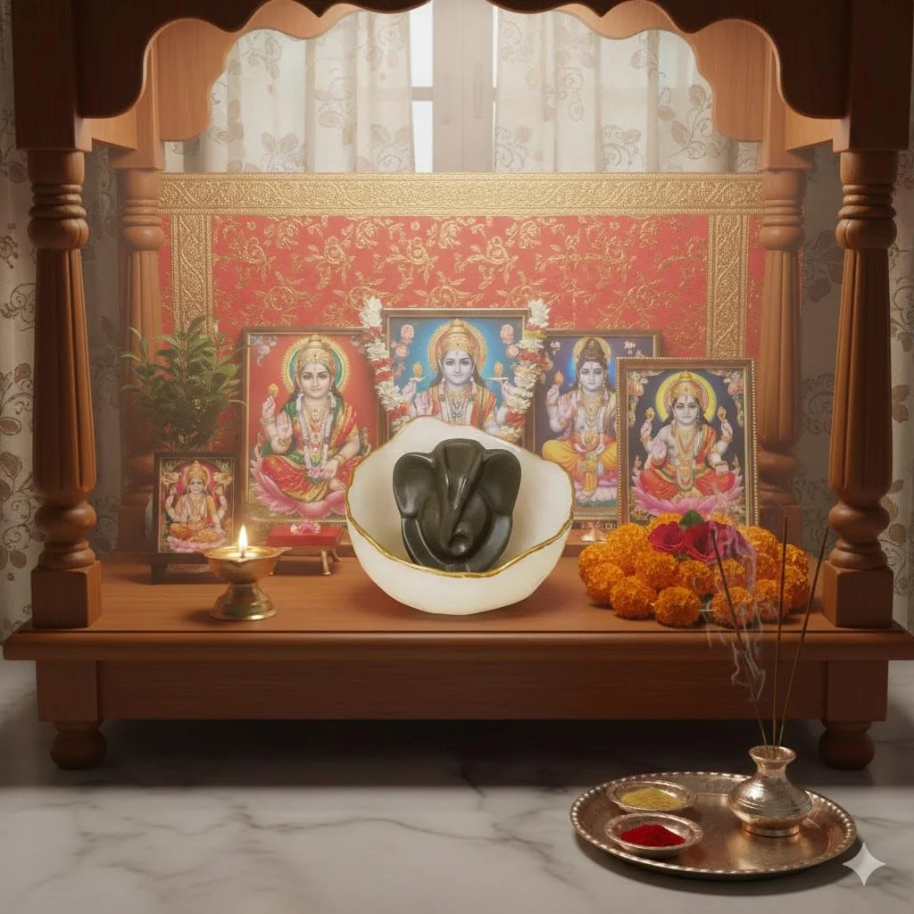 Money Bowl with Lord Ganesha Idol Made of Natural Pyrite Stone | Vastu Feng Shui Wealth Attraction Decor for Home & Office, best for Ganesh Chaturthi