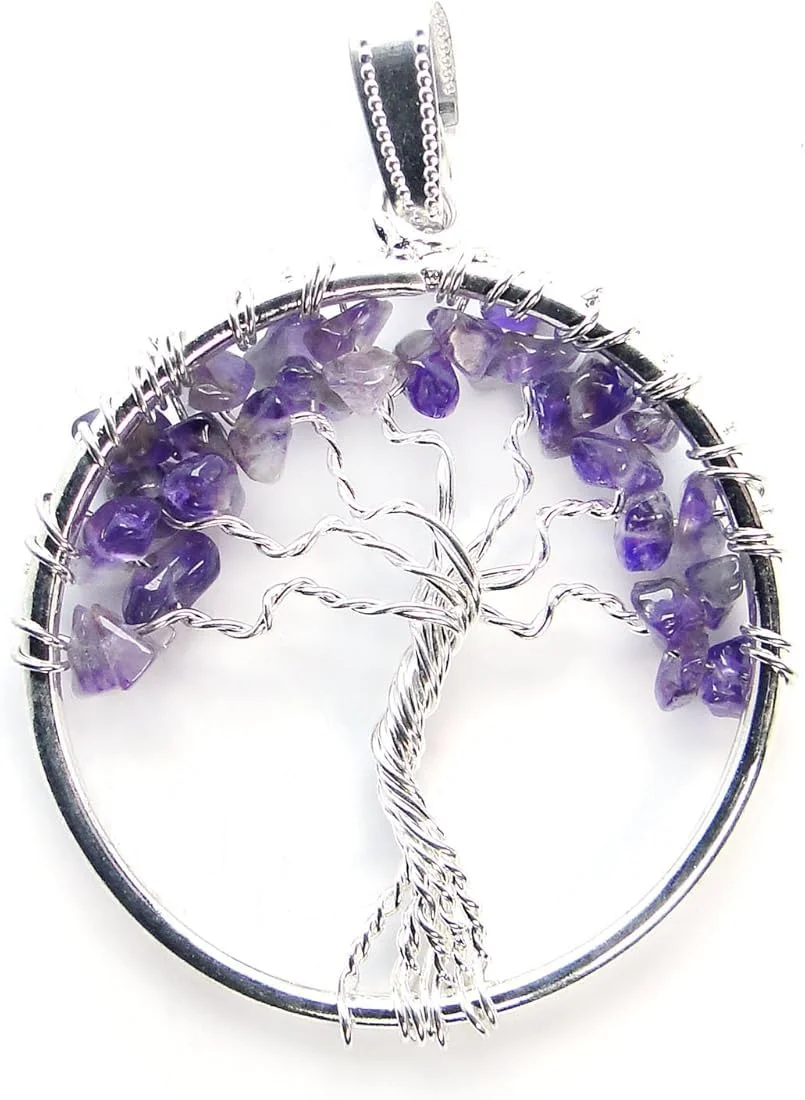 Natural Amethyst Tree of Life Crystal Pendant – Handcrafted Wire-Wrapped Amethyst Gemstone Pendant for Crown Chakra Healing, Peace & Intuition
