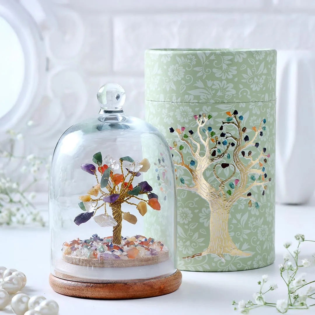 Handcrafted 7 Chakra Gemstone Tree in Glass Cloche Dome with Wooden Base & Gift Box – Natural Healing Crystal Money Tree for Energy Alignment, Feng Shui & Home Decor