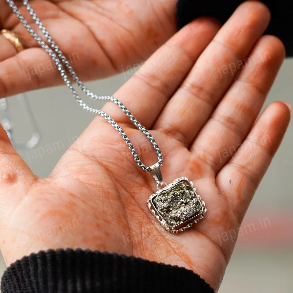 Natural Raw Pyrite Cluster Crystal Pendant – Handcrafted Golden "Fool's Gold" Rough Gemstone Necklace Pendant for Wealth, Abundance & Protection