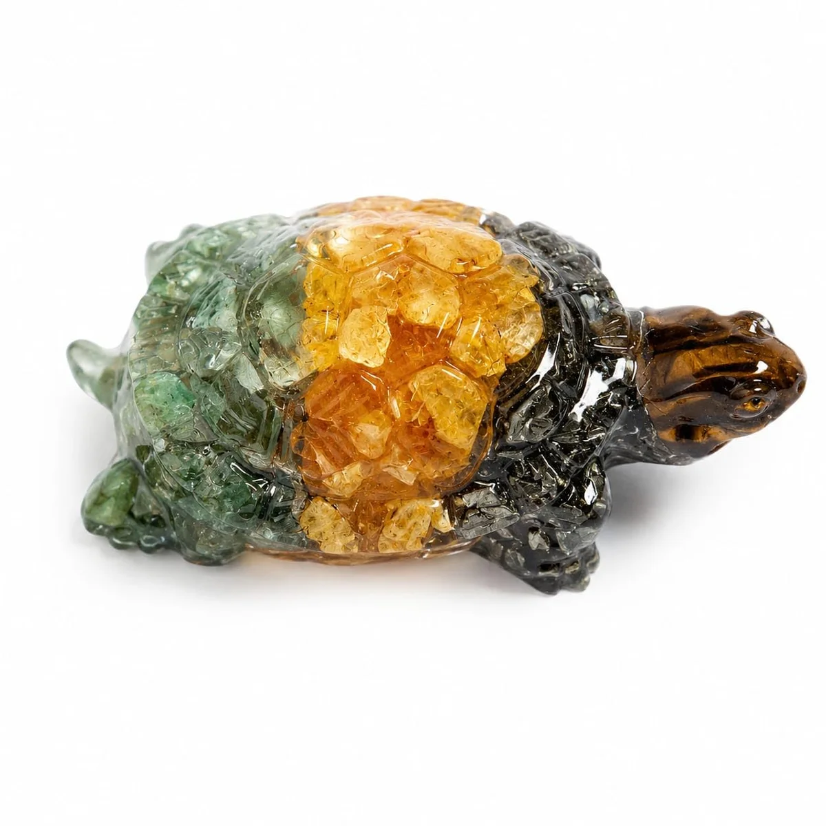 Money Magnet Crystal Tortoise | Tiger Eye, Pyrite, Citrine & Green Aventurine | Feng Shui Resin Turtle Figurine for Home, Office Desk, Wealth & Prosperity Decor | Lab Tested