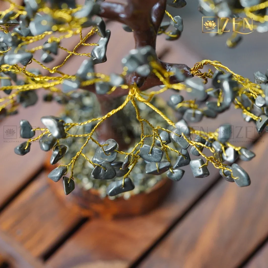 Natural Pyrite Crystal Money Tree – Handcrafted Golden Pyrite Gemstone Tree on Wooden Base for Wealth, Prosperity & Office Decor