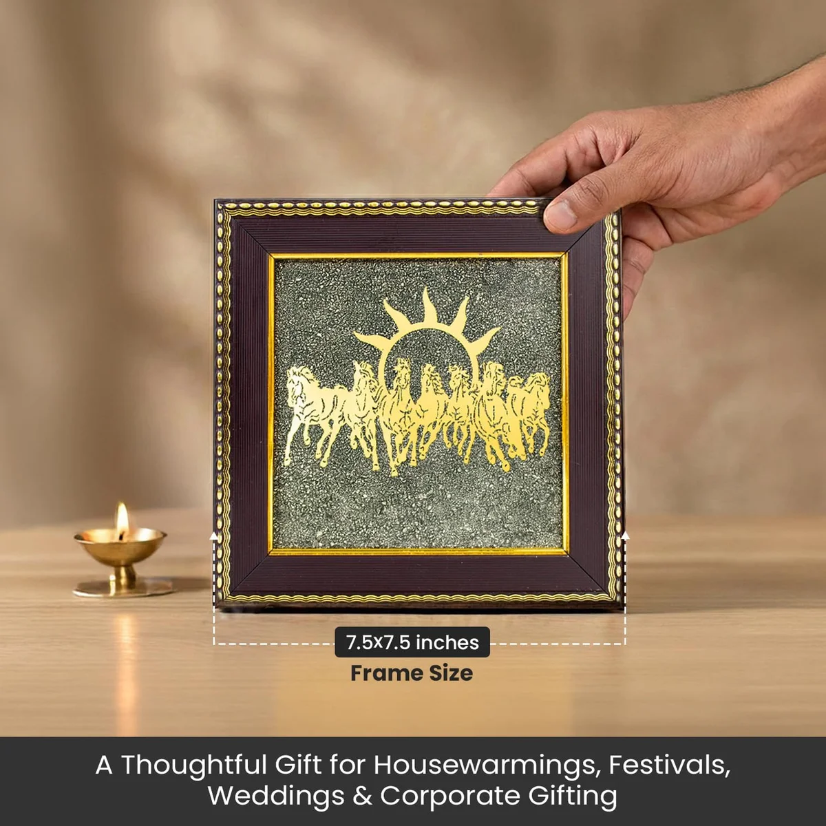 7 Running Horses Pyrite Stone Frame with Lab Certificate, Natural Crystal Wealth & Money Attraction Wall Decor, Vastu Feng Shui Lucky Horse Frame for Home & Office (7.5 x 7.5 Inch)