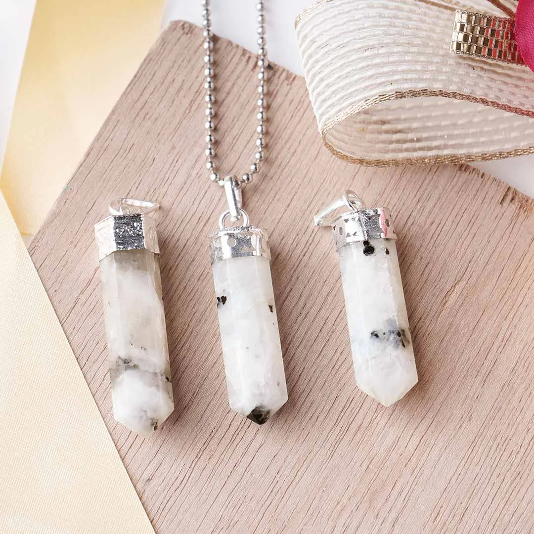 Natural Rainbow Moonstone Pencil Point Crystal Pendant – Handcrafted Hexagonal Wand Pendant for Intuition, Divine Feminine Energy & Emotional Healing