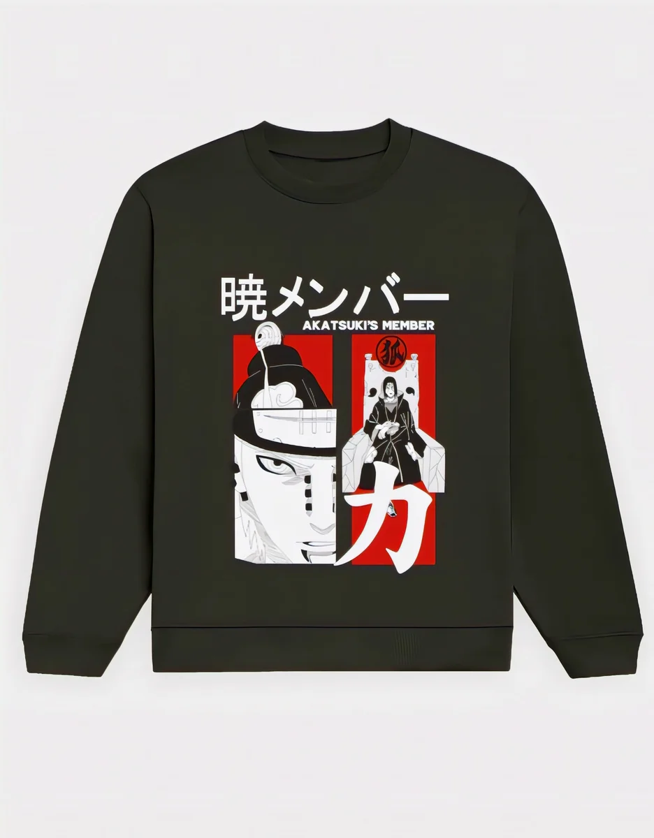 🩸 Akatsuki Black Printed Fleece Sweatshirt – Front & Back Anime Design