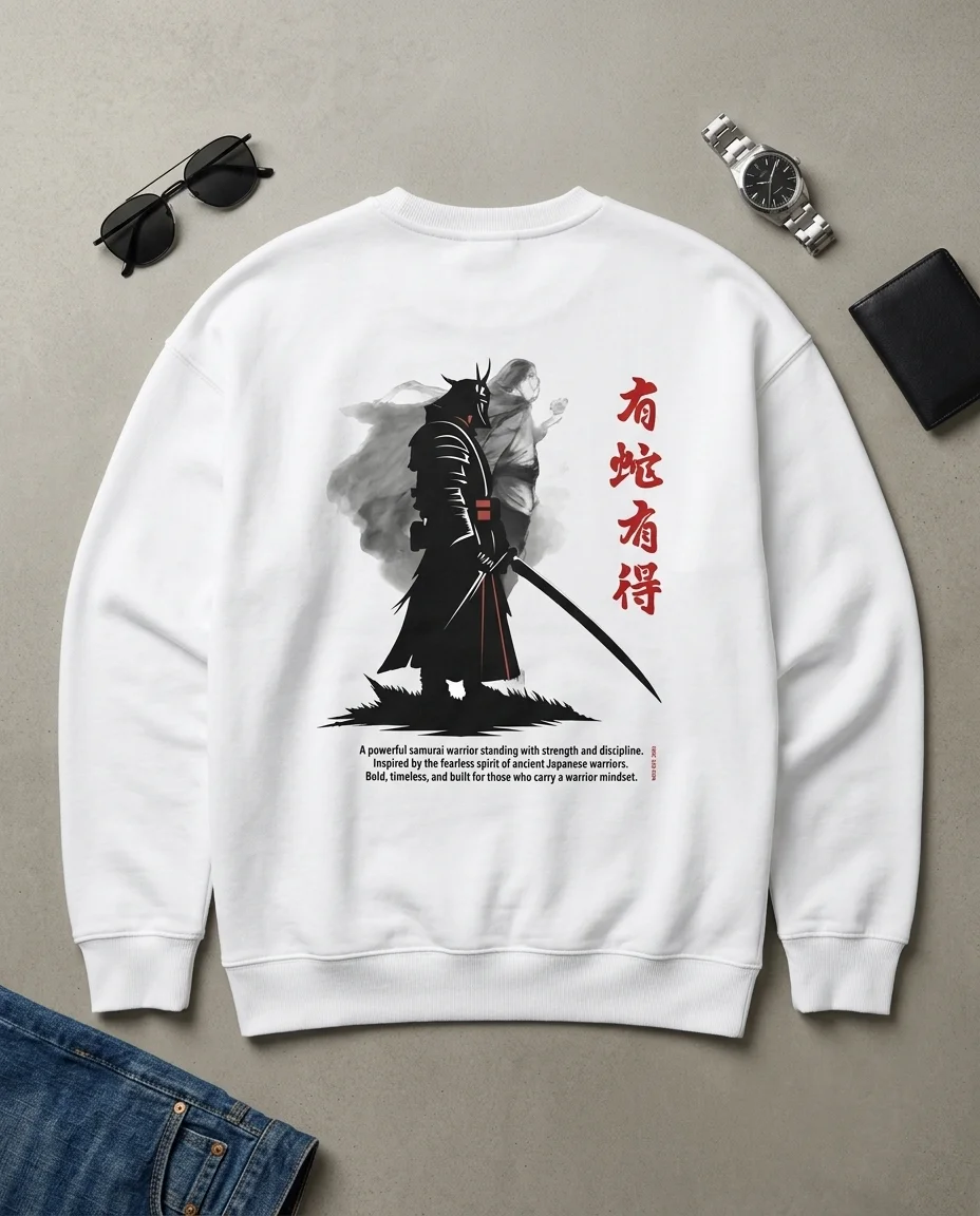 Samurai Warrior Sweatshirt — White | 300 GSM fleece